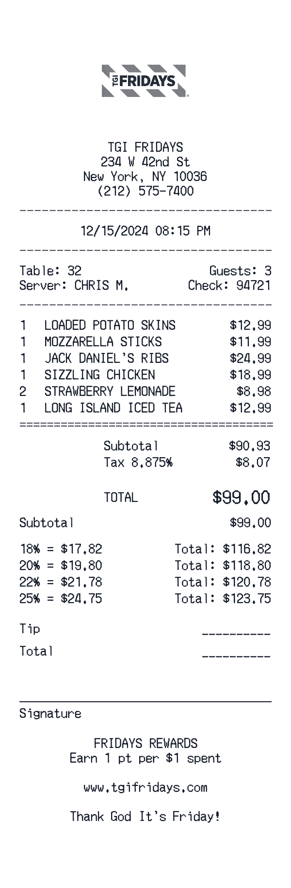 TGI Fridays receipt preview