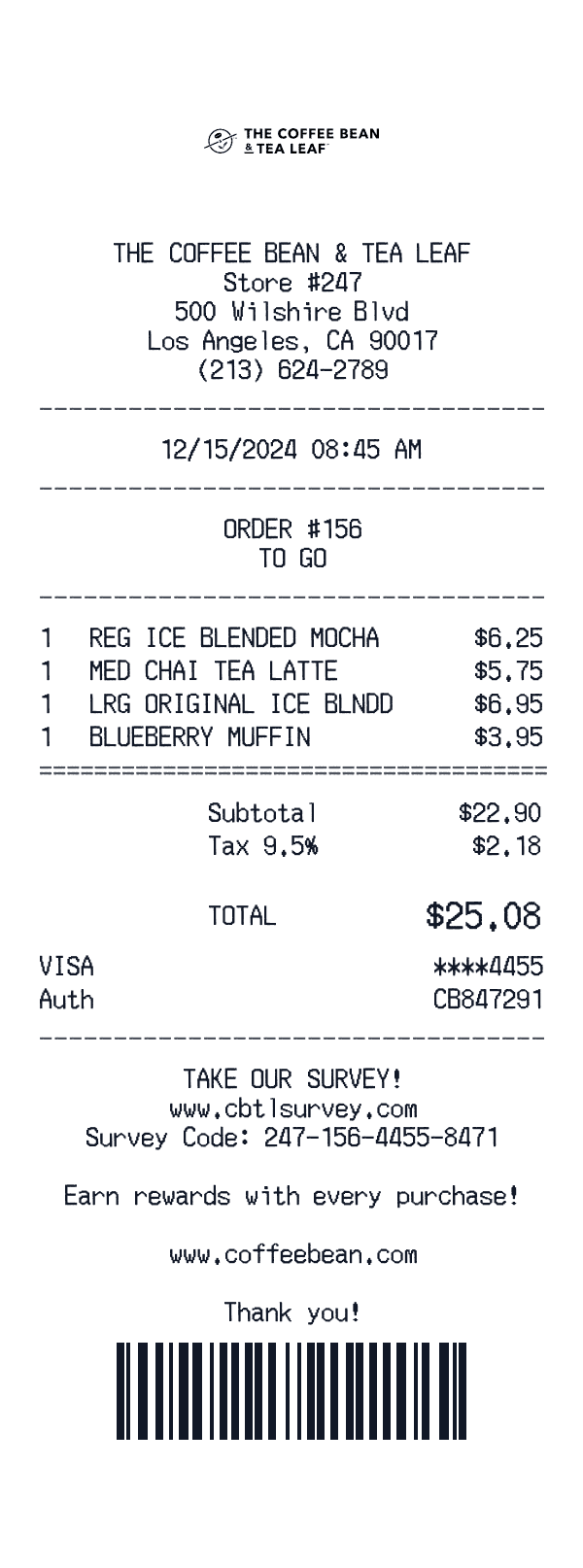 The Coffee Bean & Tea Leaf receipt template example - coffee shop receipt with itemized details, prices, and payment information