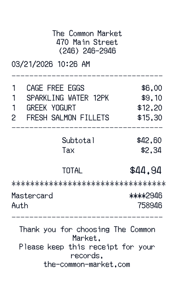 The Common Market receipt template generator preview