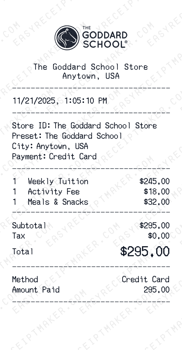 The Goddard School receipt template generator preview