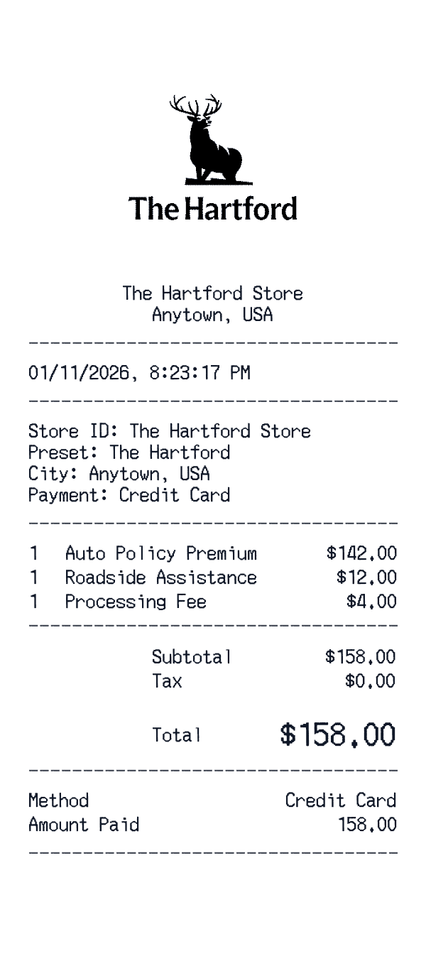 The Hartford receipt template example - insurance receipt with itemized details, prices, and payment information