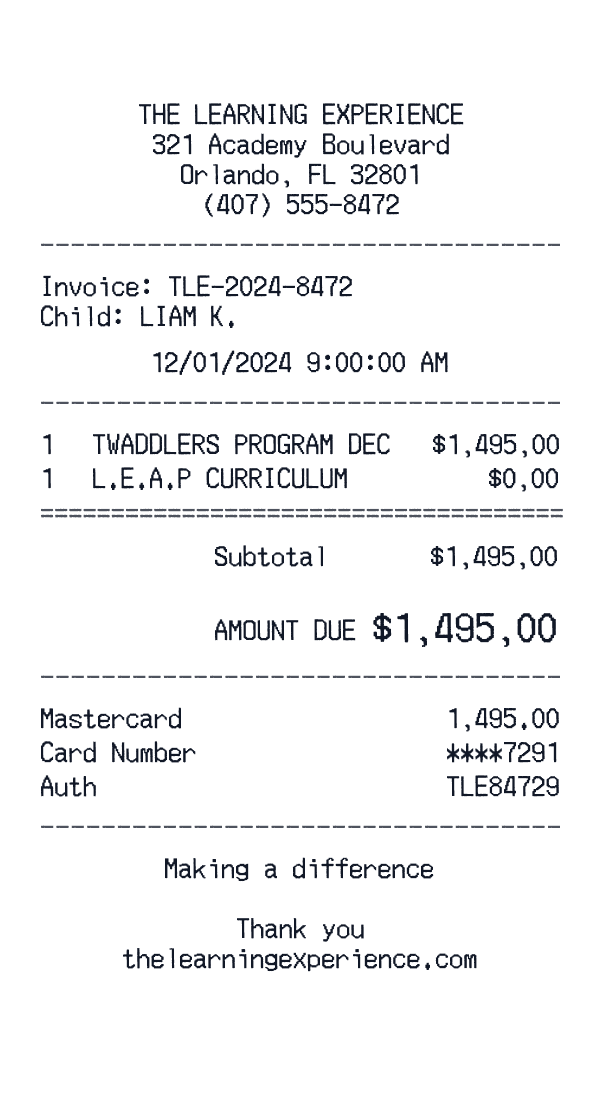 The Learning Experience receipt preview
