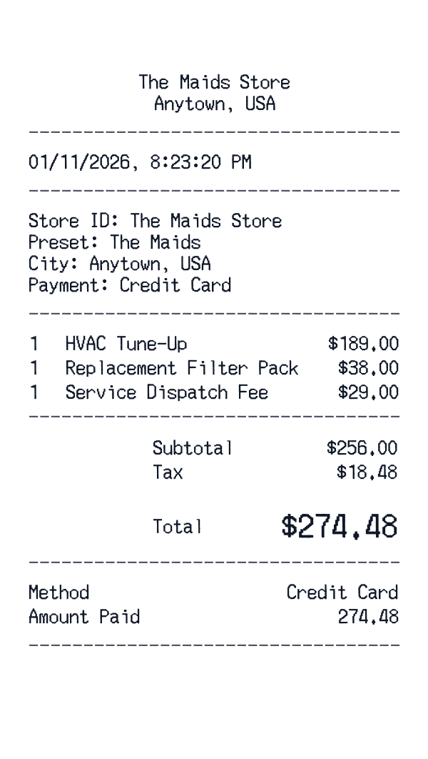 The Maids receipt template example - home services receipt with itemized details, prices, and payment information
