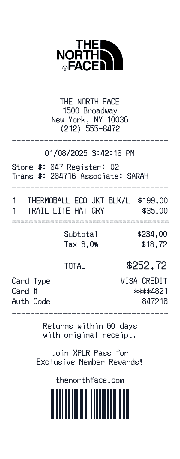 The North Face receipt preview