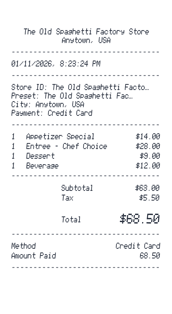 The Old Spaghetti Factory receipt preview