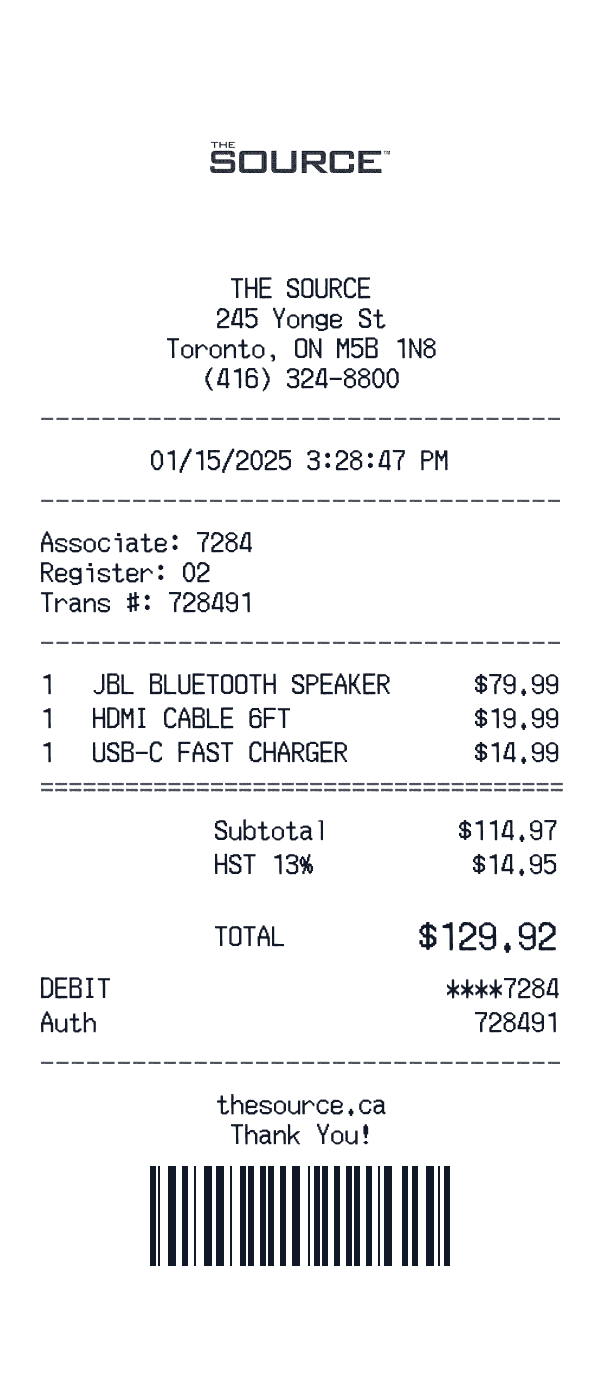 The Source receipt template example - electronics receipt with itemized details, prices, and payment information