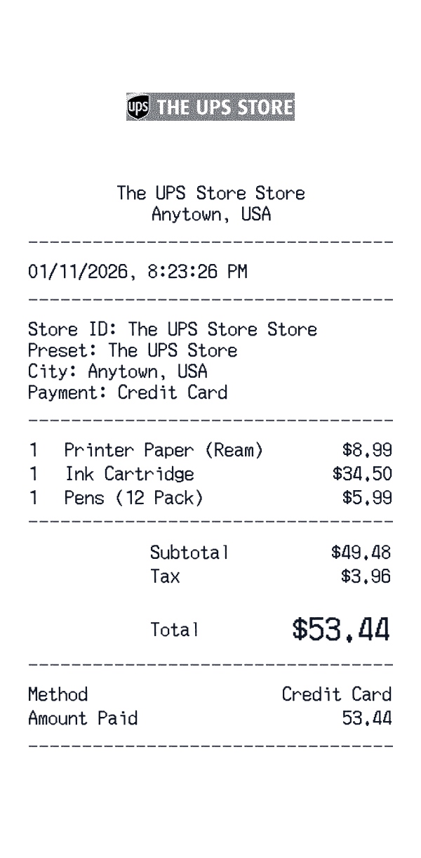 The UPS Store receipt preview