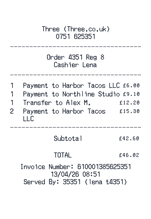 Three (Three.co.uk) receipt template generator preview