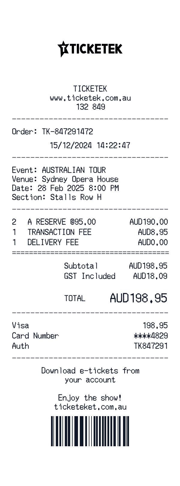 Ticketek receipt preview