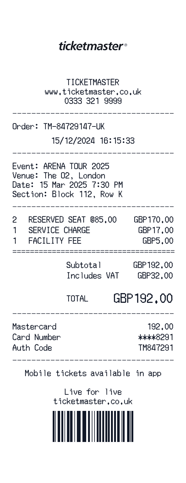 Ticketmaster UK receipt preview