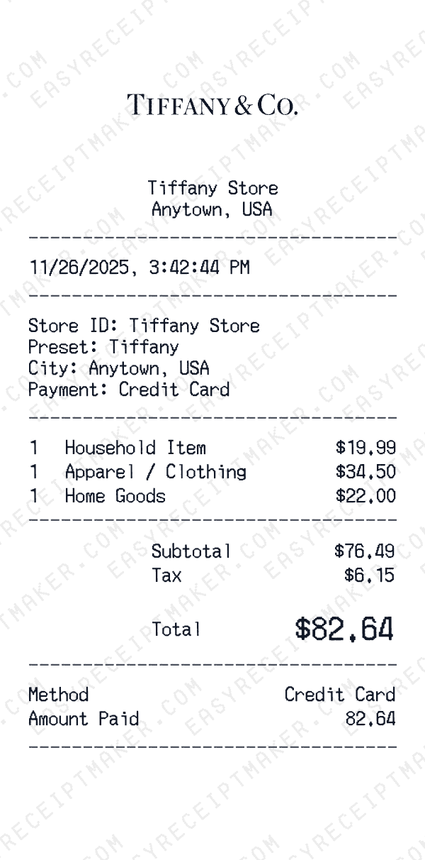 Tiffany receipt preview