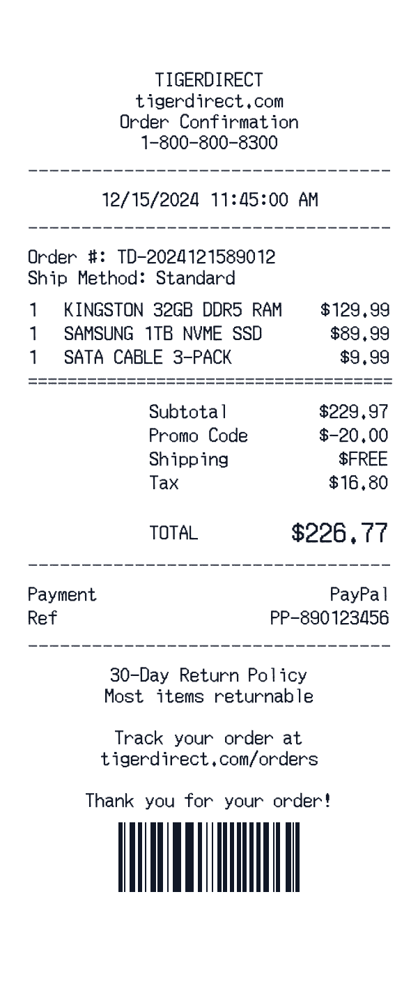 TigerDirect receipt preview
