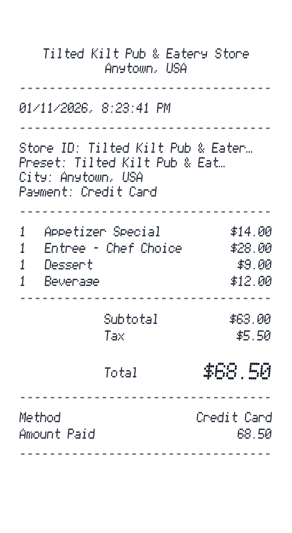 Tilted Kilt Pub & Eatery receipt preview