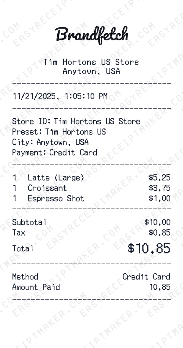 Tim Hortons receipt template generator preview