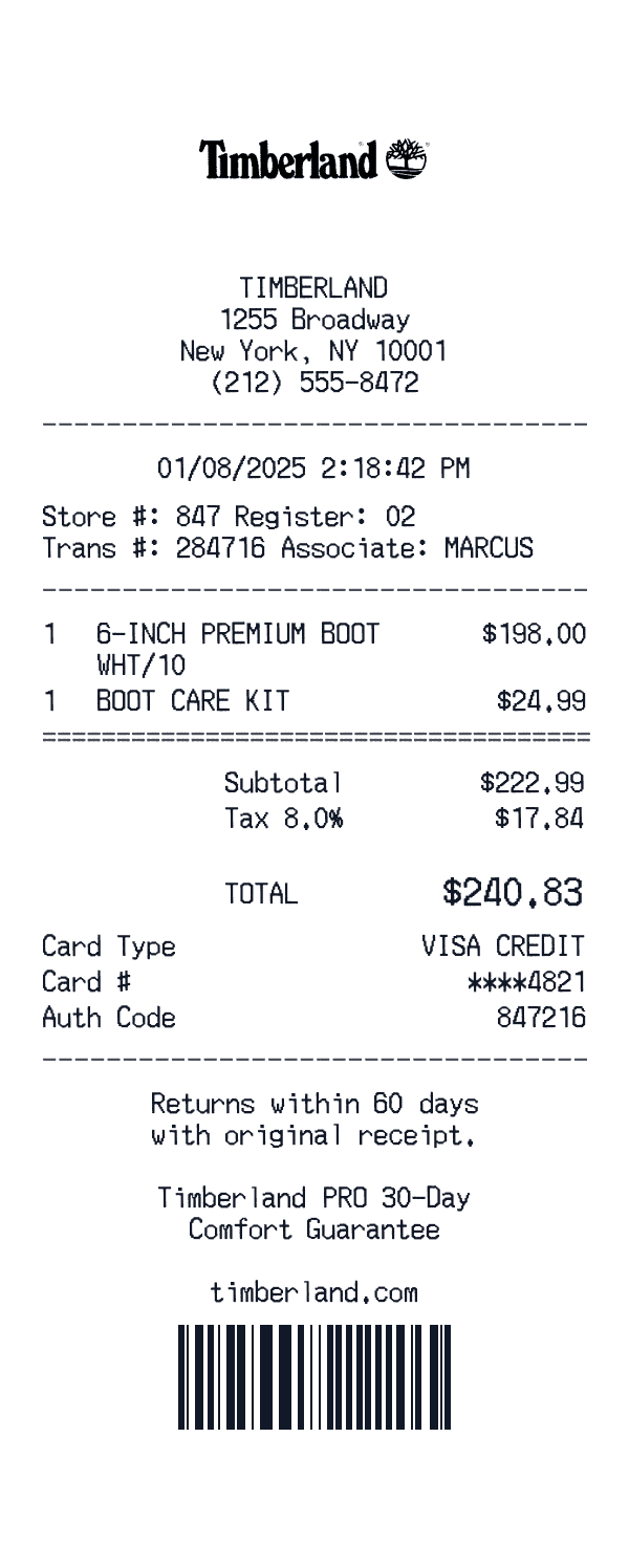Timberland receipt preview
