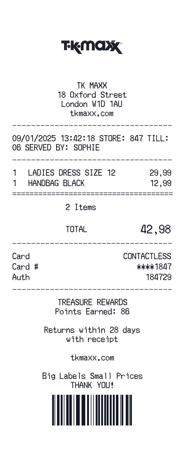 TK Maxx receipt preview