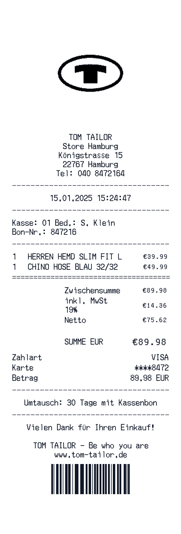 TOM TAILOR receipt template example - clothing receipt with itemized details, prices, and payment information