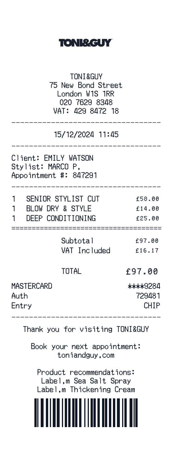 Toni & Guy receipt preview