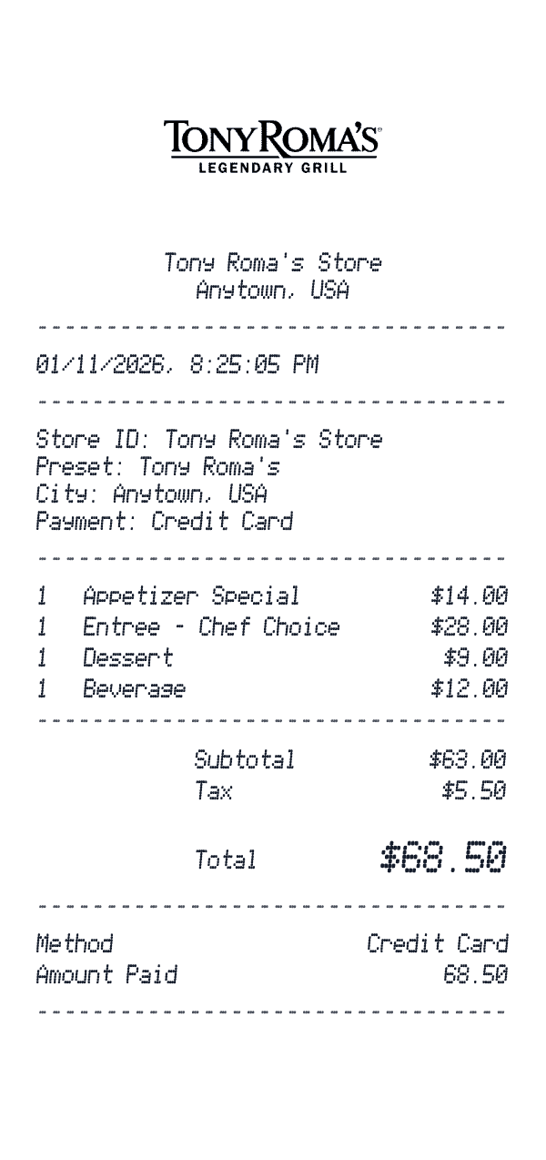Tony Roma's receipt preview