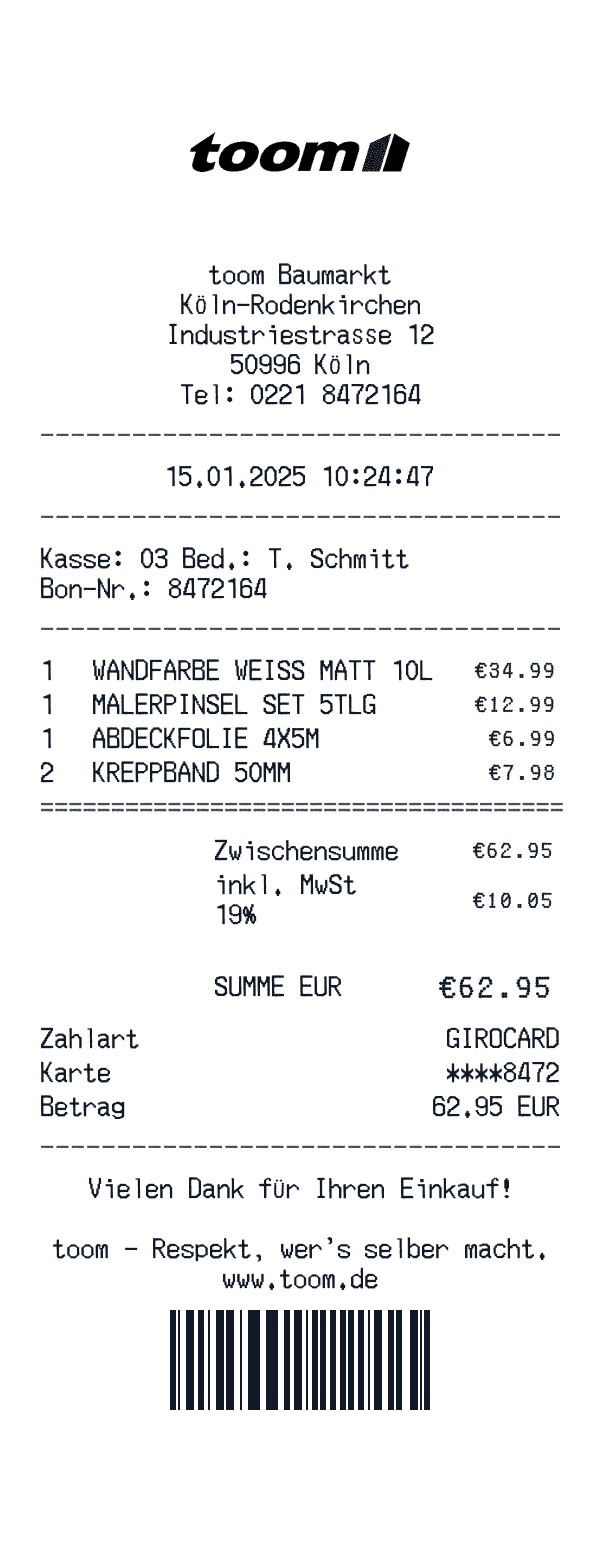 toom Baumarkt receipt template example - home improvement receipt with itemized details, prices, and payment information