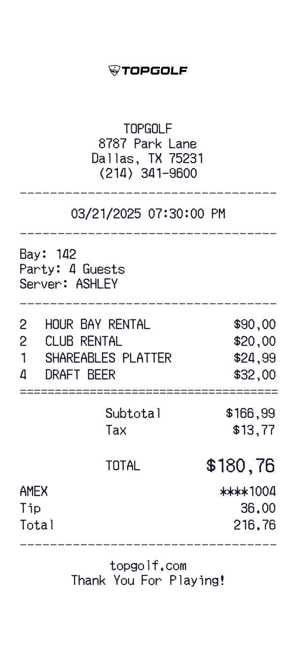 Topgolf receipt preview
