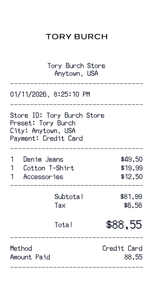 Tory Burch receipt preview