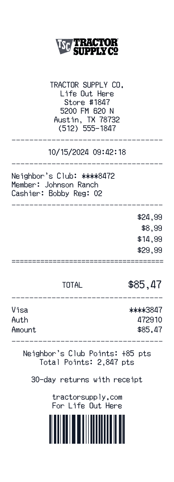 Tractor Supply Co. receipt preview