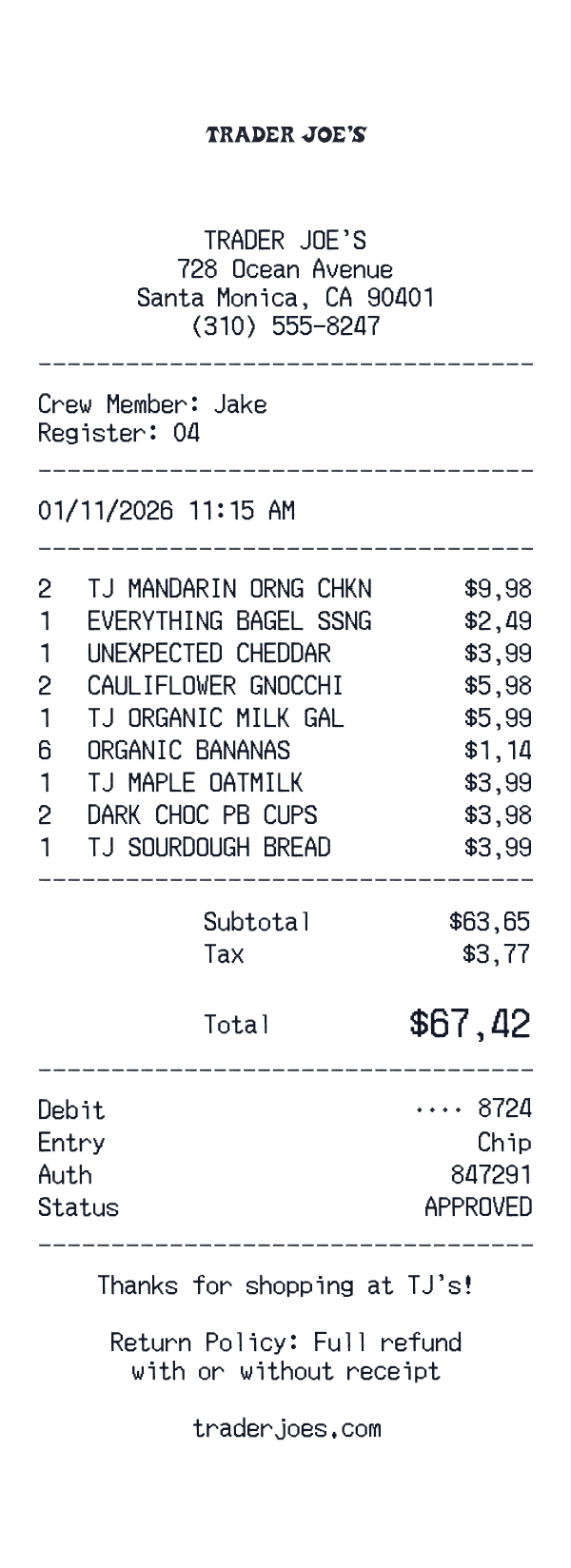 Trader Joe's receipt preview