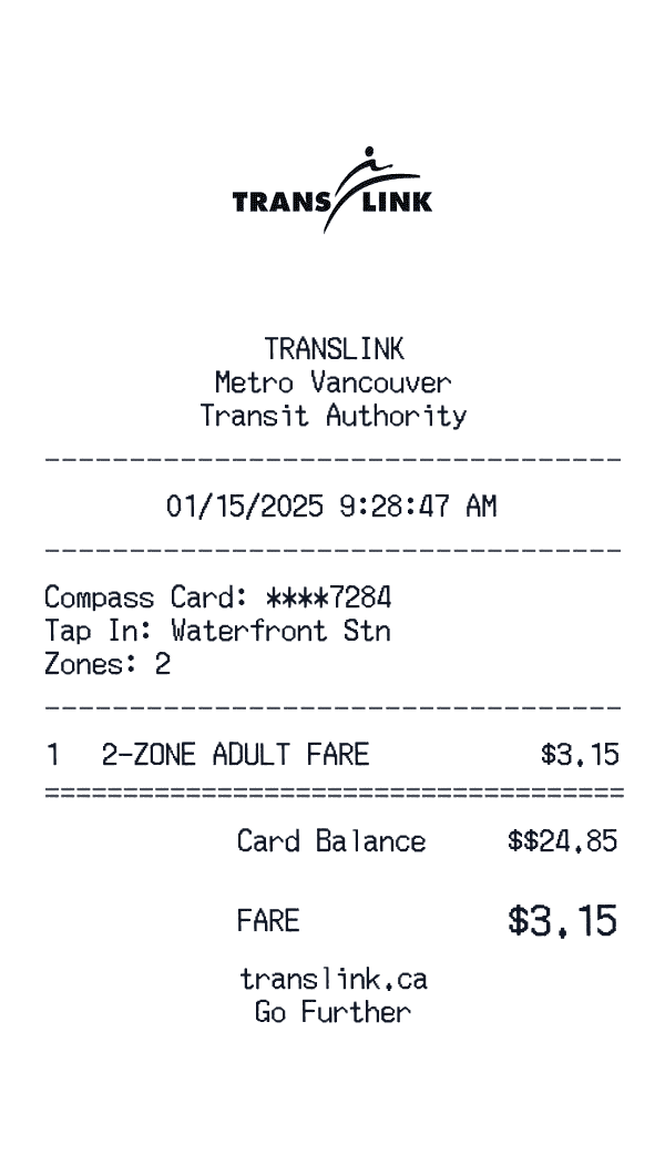 TransLink receipt template example - transportation receipt with itemized details, prices, and payment information