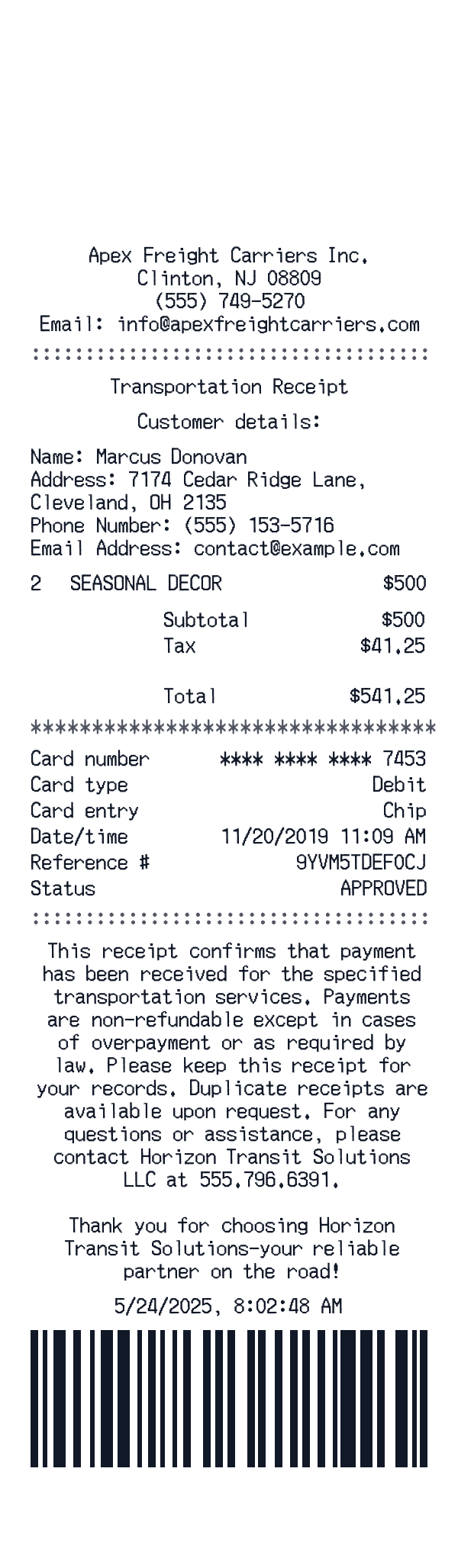 Transportation receipt template example