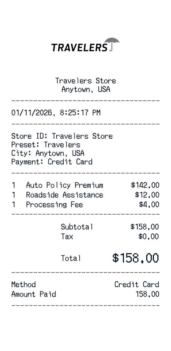 Travelers receipt preview