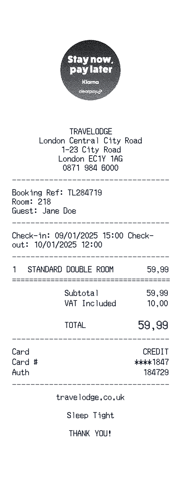 Travelodge receipt preview