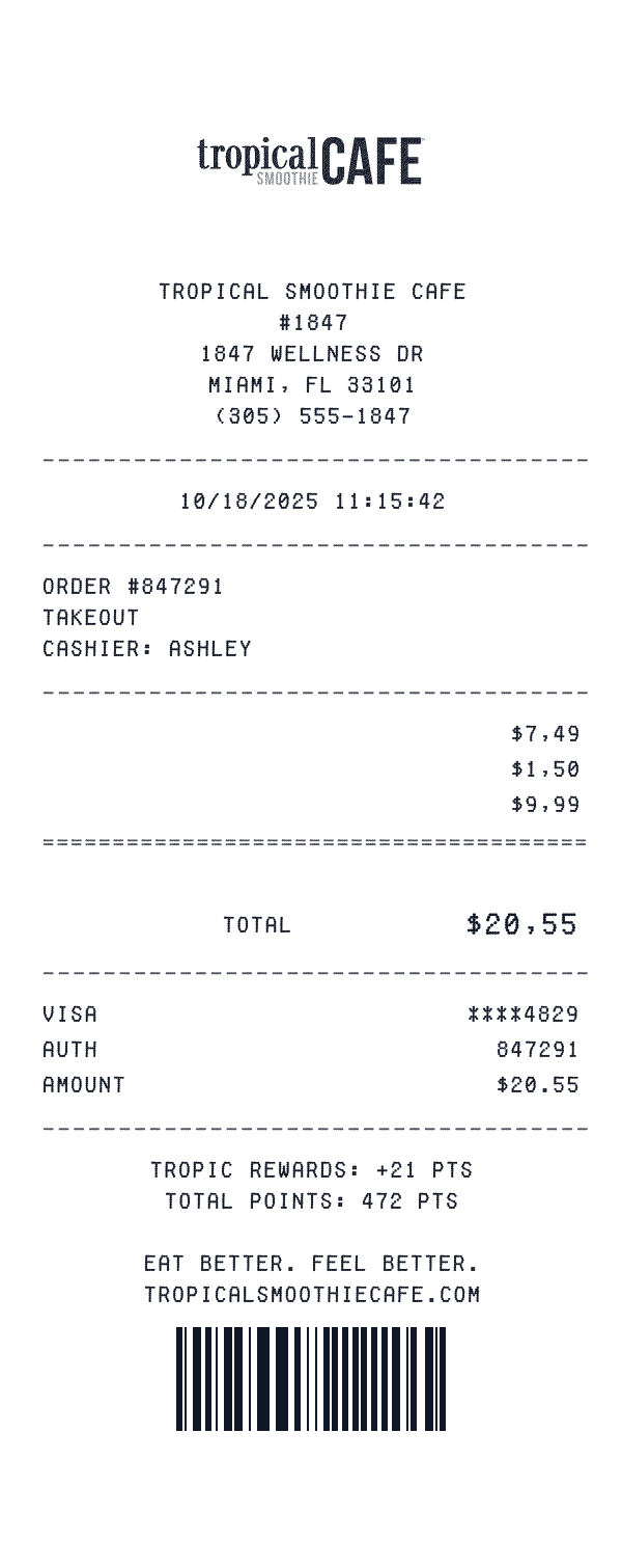 Tropical Smoothie Cafe receipt preview