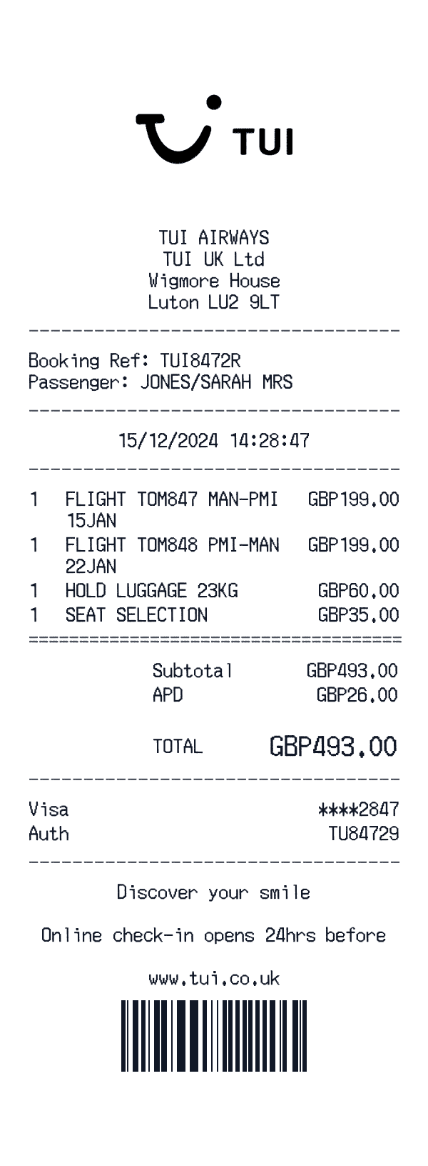 TUI Airways receipt template example - transportation receipt with itemized details, prices, and payment information