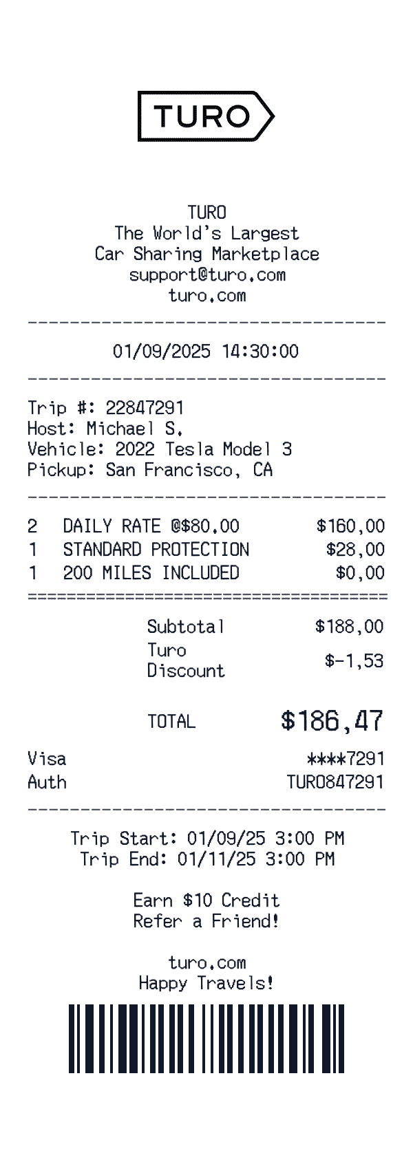 Turo receipt template example - car rental receipt with itemized details, prices, and payment information