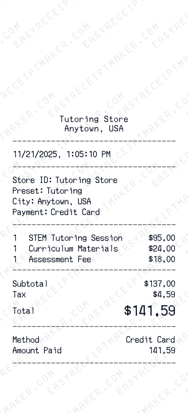 Tutoring receipt template generator preview