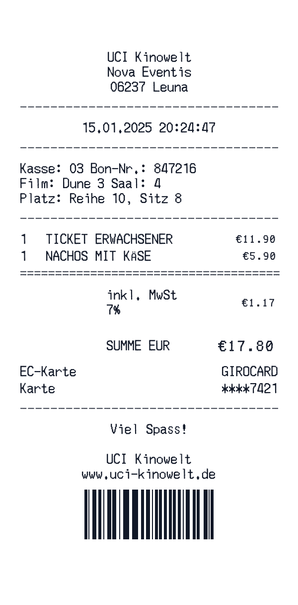 UCI Kinowelt receipt template example - entertainment receipt with itemized details, prices, and payment information