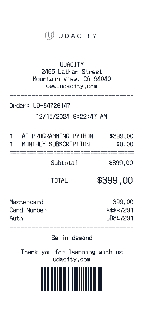 Udacity receipt preview