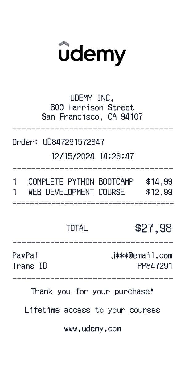 Udemy receipt template example - education receipt with itemized details, prices, and payment information