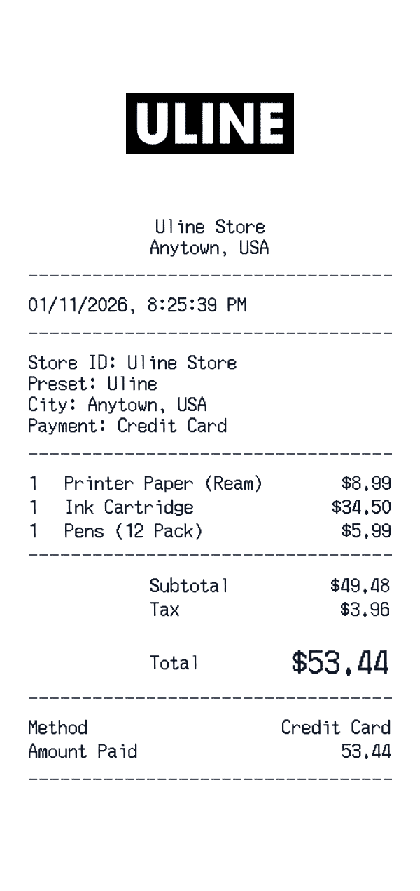 Uline receipt template example - office receipt with itemized details, prices, and payment information