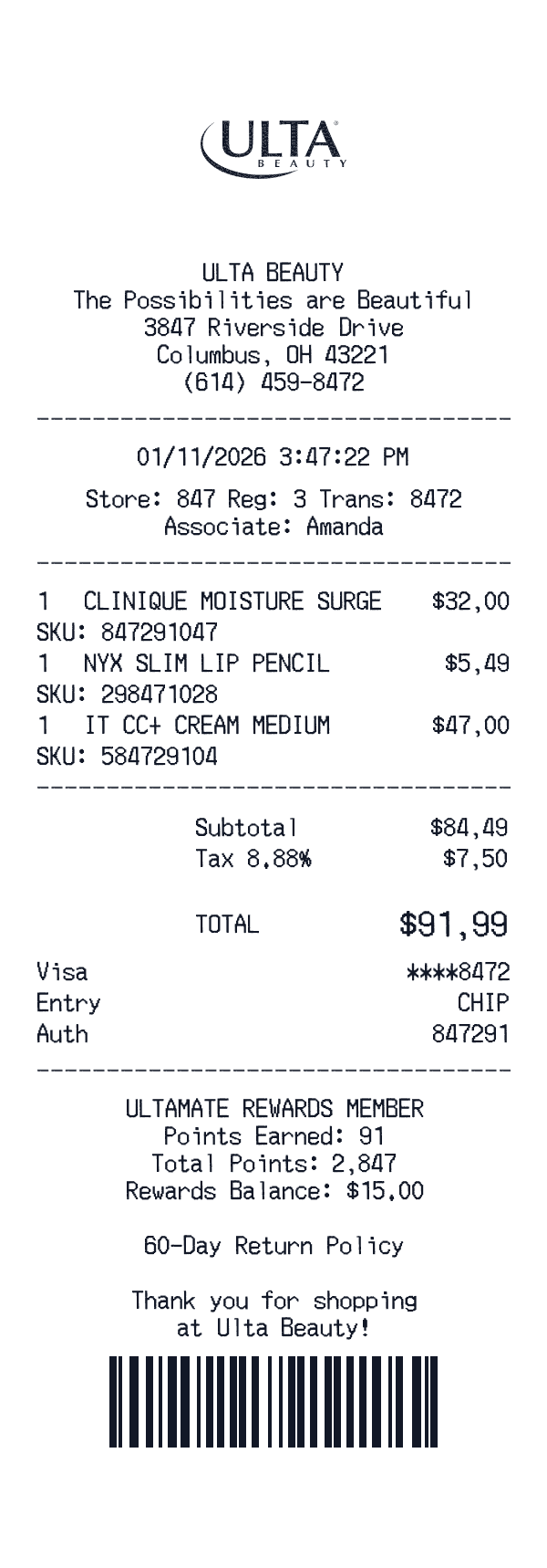 Ulta Beauty receipt preview