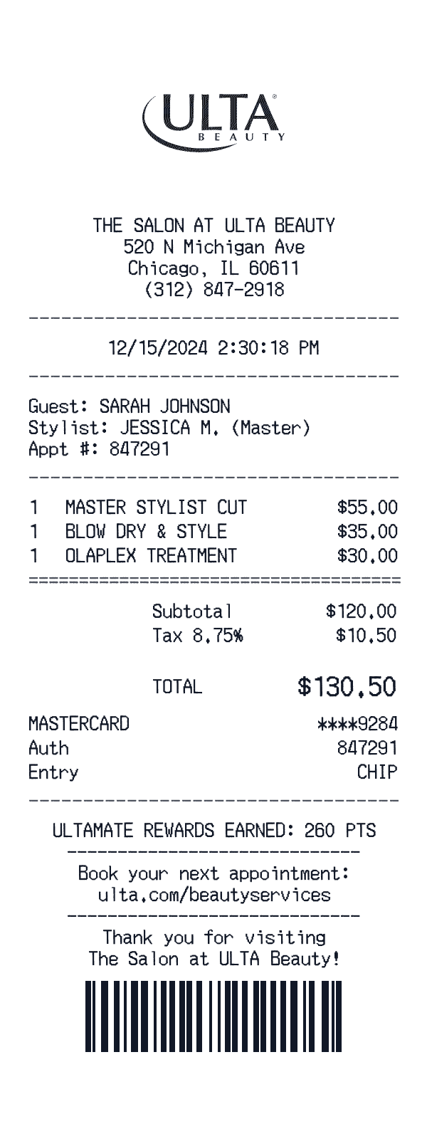 ULTA Salon receipt preview