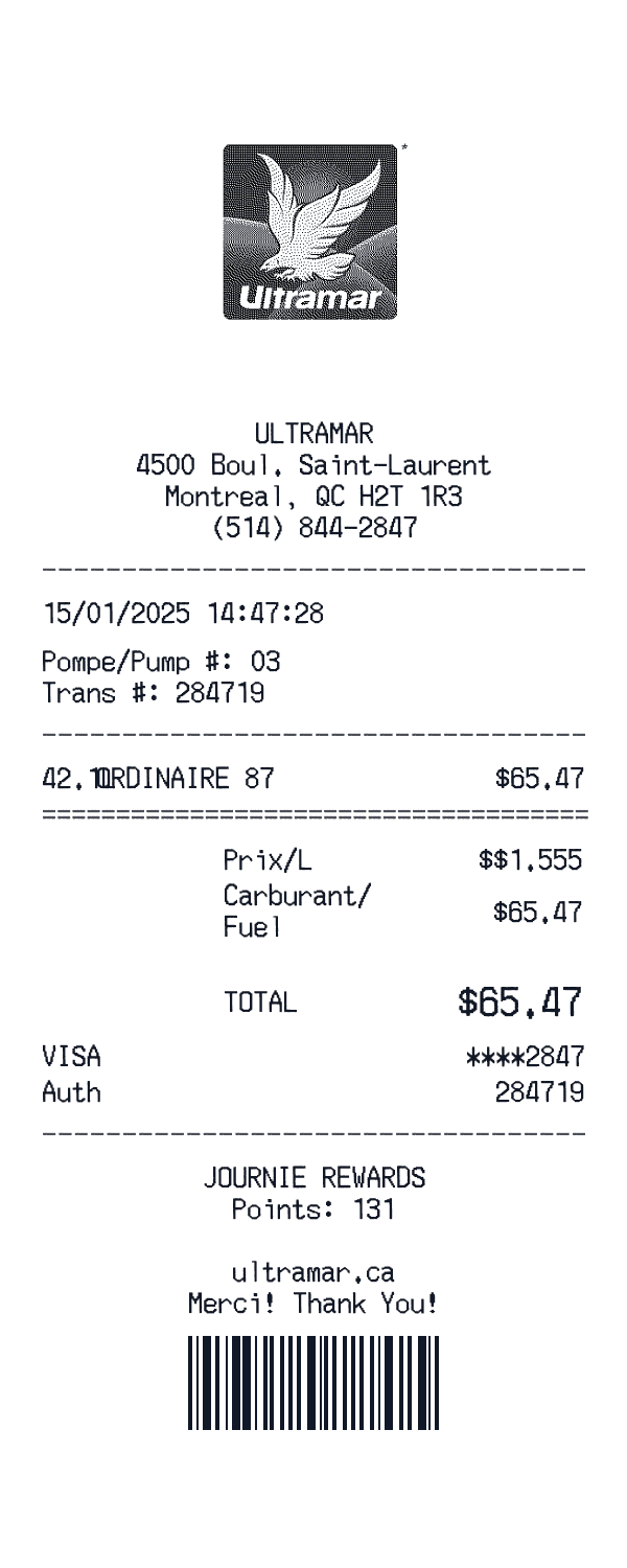 Ultramar receipt template example - gas station receipt with itemized details, prices, and payment information