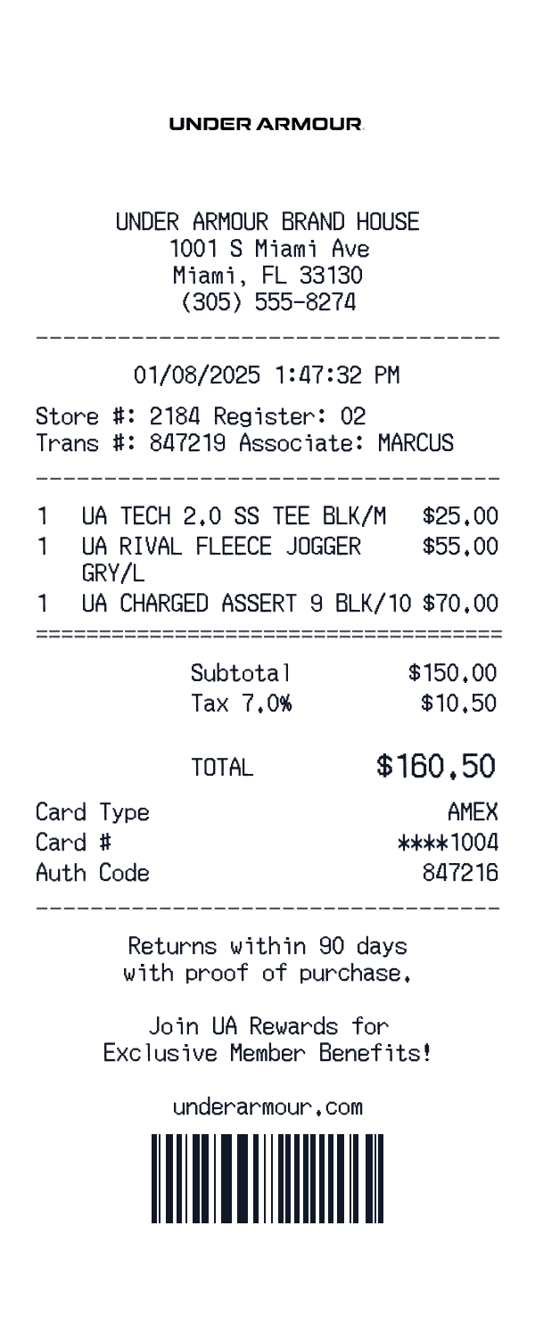 Under Armour receipt preview