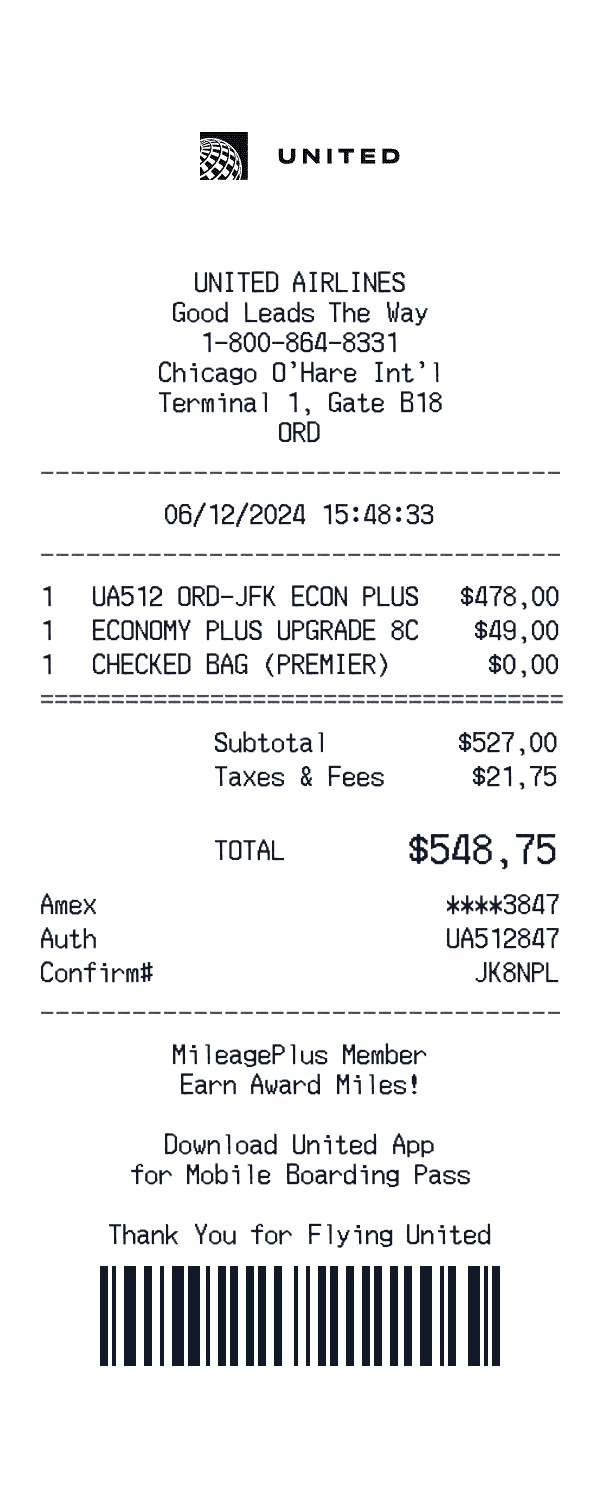 United Airlines receipt template example