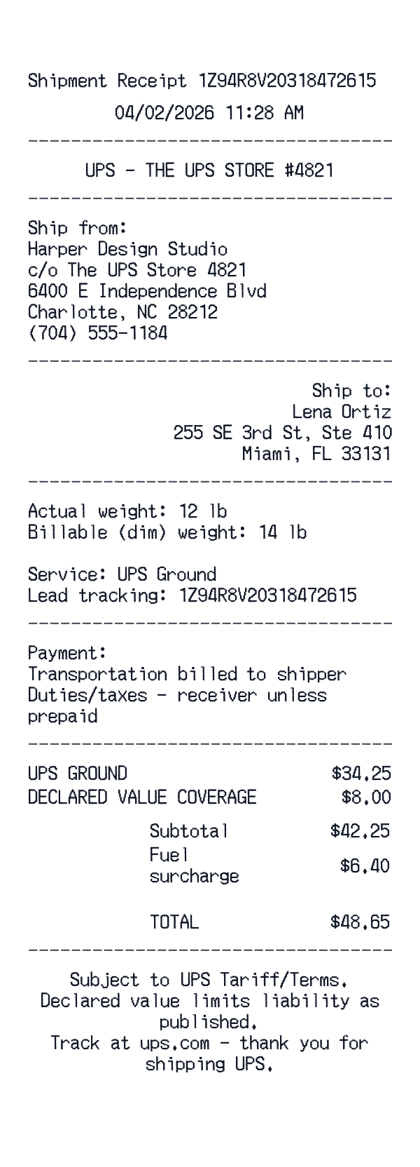 UPS Shipping receipt template example