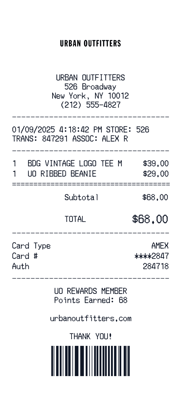 Urban Outfitters receipt preview