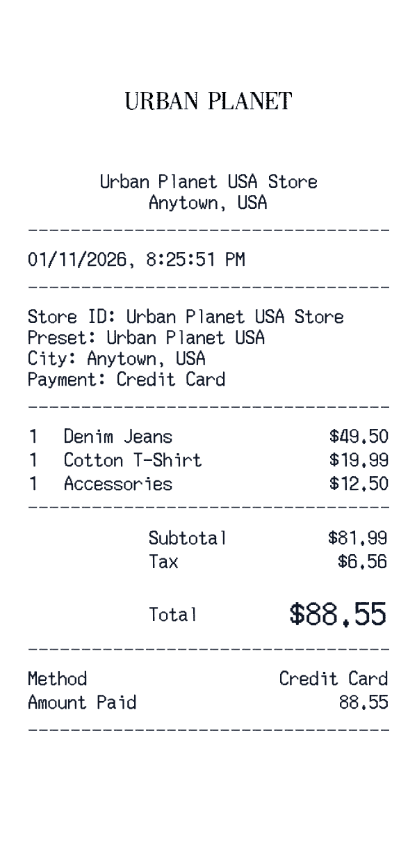 Urban Planet USA receipt preview