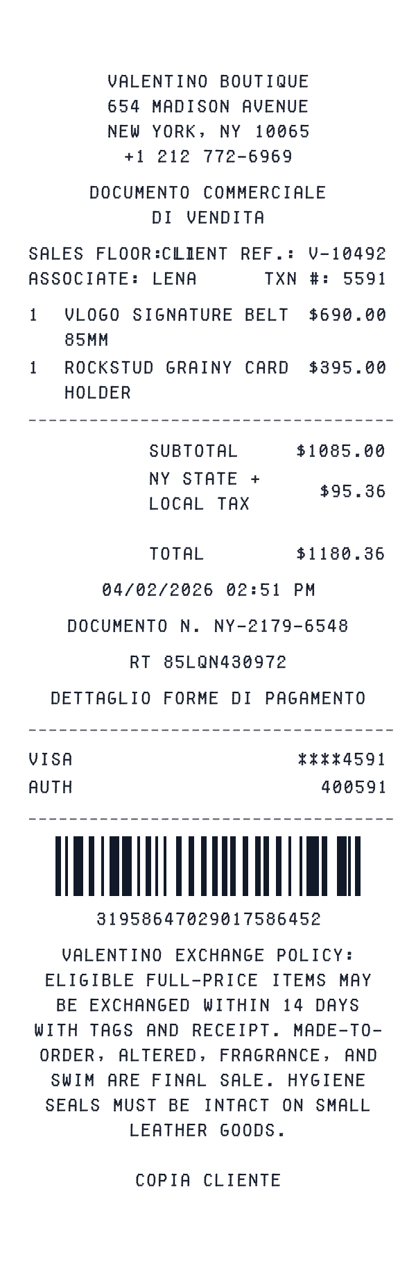 Valentino Boutique receipt template generator preview