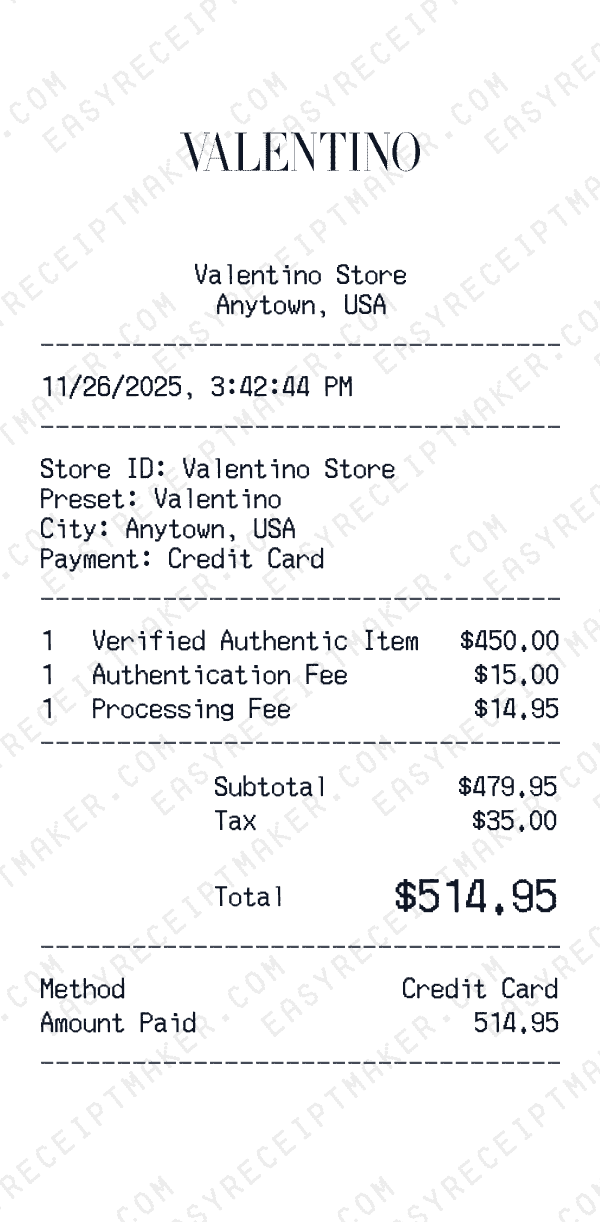 Valentino receipt preview